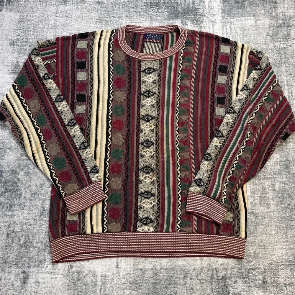 VTG American Priority Sweater 2XL 3D Knit Mosaic Coogi Style 90s Y2K Hip Hop USA